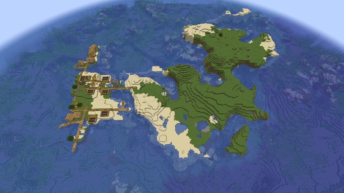 Village and trees on a survival island in Minecraft