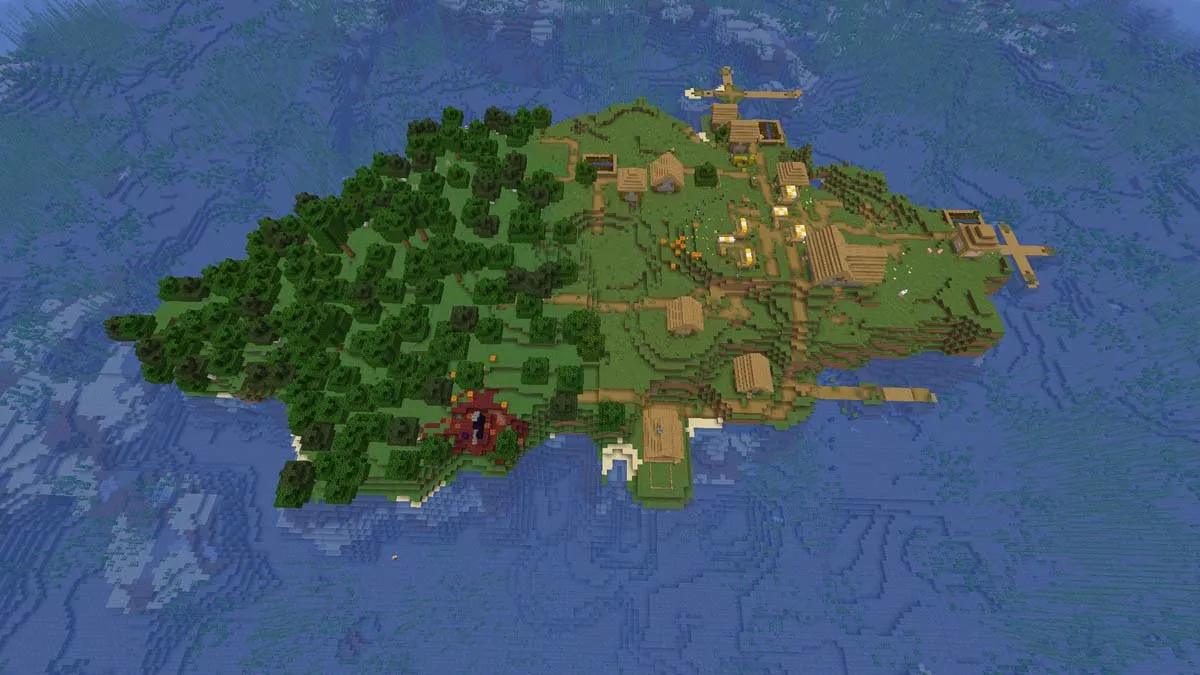 Ruined portal and village on a survival island in Minecraft
