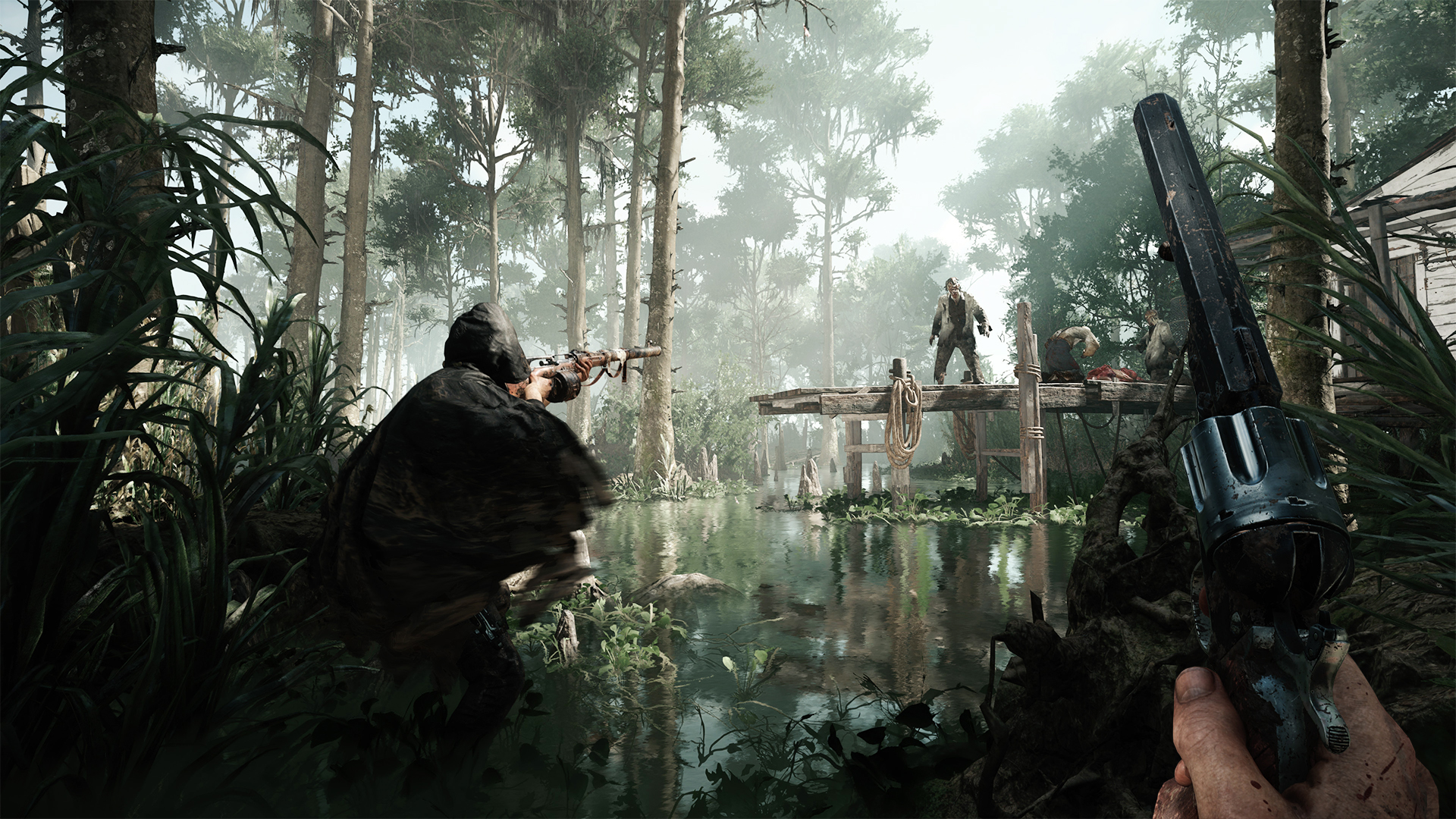 Hunters stalking a swamp in Hunt Showdown