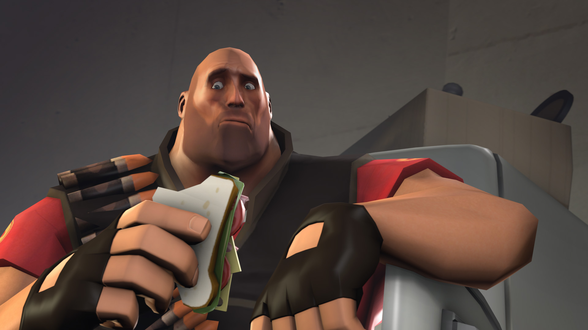 The Heavy enjoying(?) a sandwich, but also confused