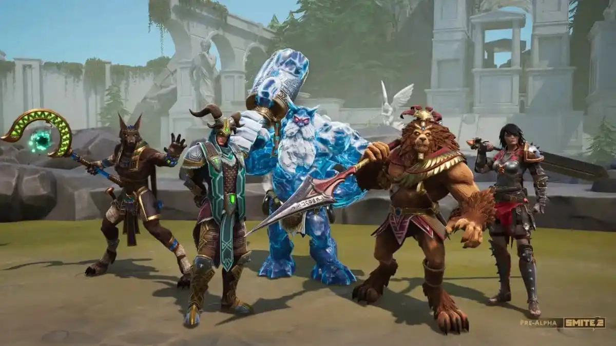 Five Smite heroes standing together at a temple