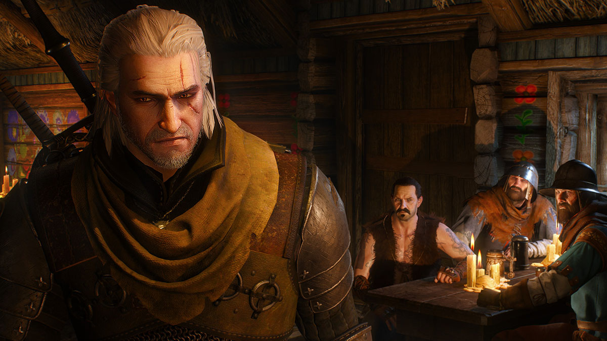 Geralt avoids the gaze of some roudy pub goers.