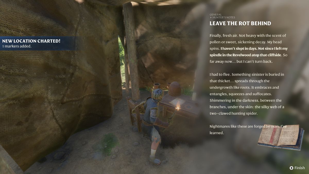 Enshrouded character standing in front of the Abandoned Hunter Camp lore letter.
