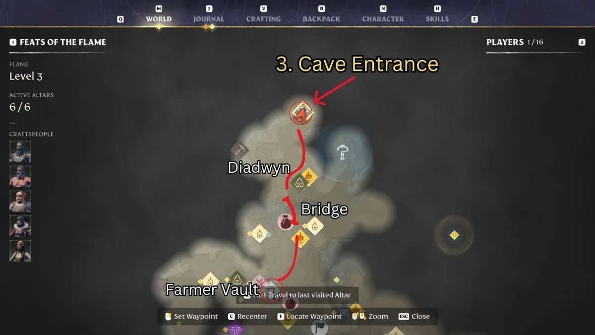 Enshrouded hand spindle quest cave entrance map marked.