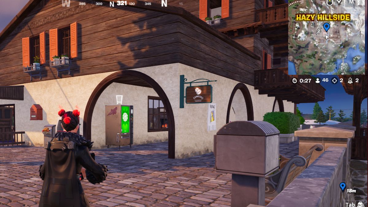 Character standing outside of the Hazy Hillside TMNT Vending Machine Location in fortnite.