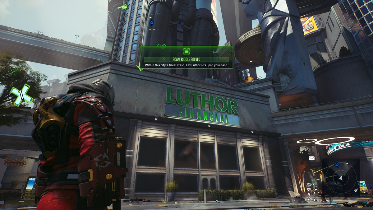 Deadshot in red armor standing in front of a bright green Luthor Financial neon sign.
