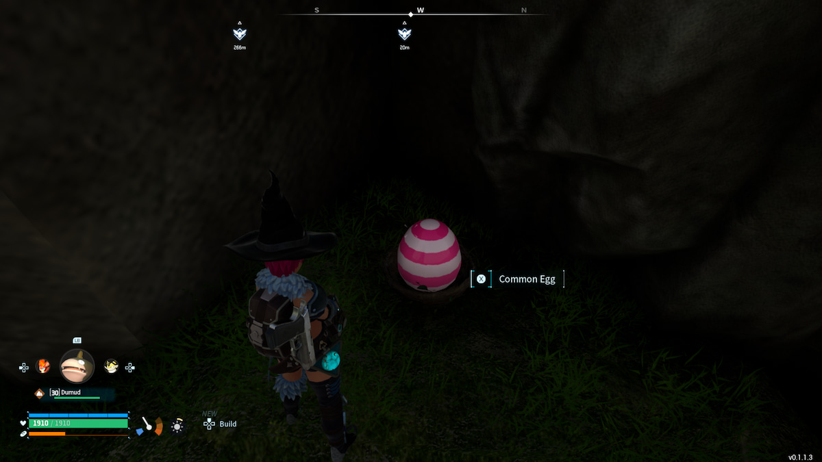 A character looking at a pink and white striped Common Egg.