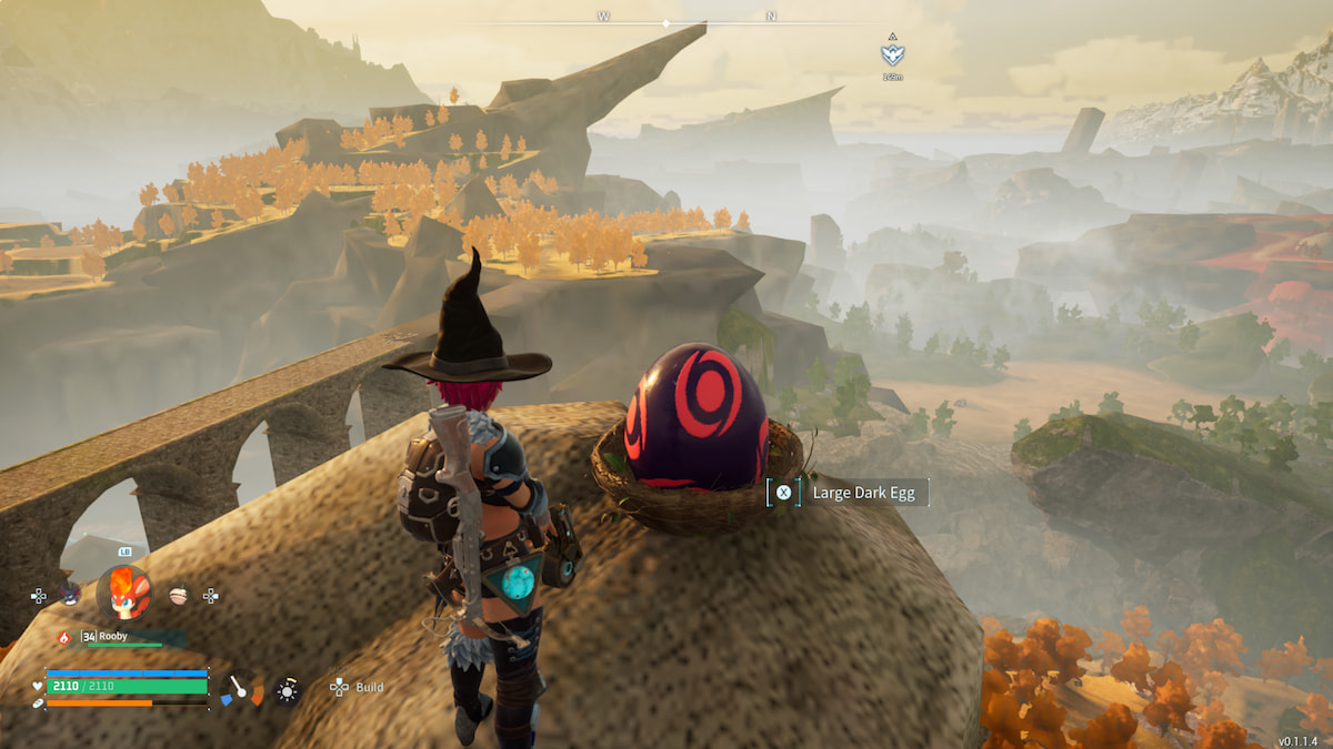 High on a mountain peak, a Palworld player looks at a large Dark Egg.