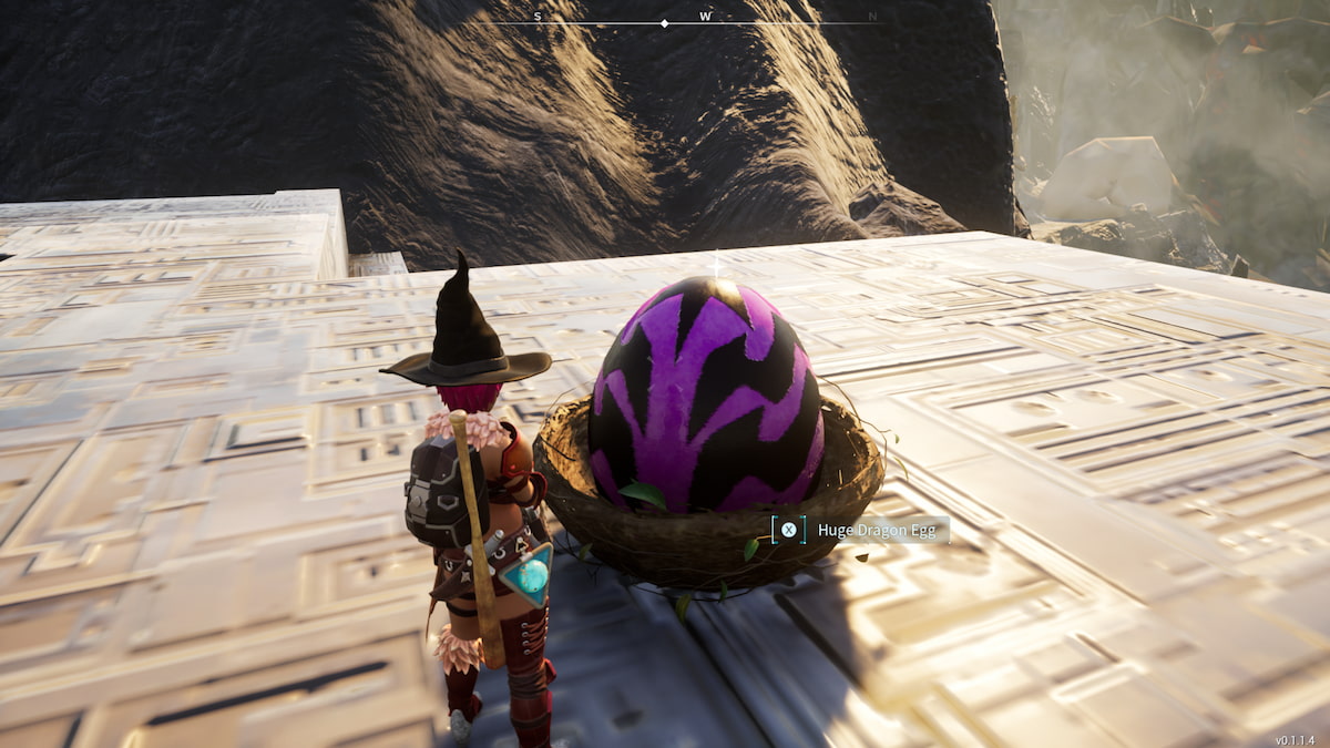 A Palworld player next to a Huge Dragon Egg, with a purple and black design.