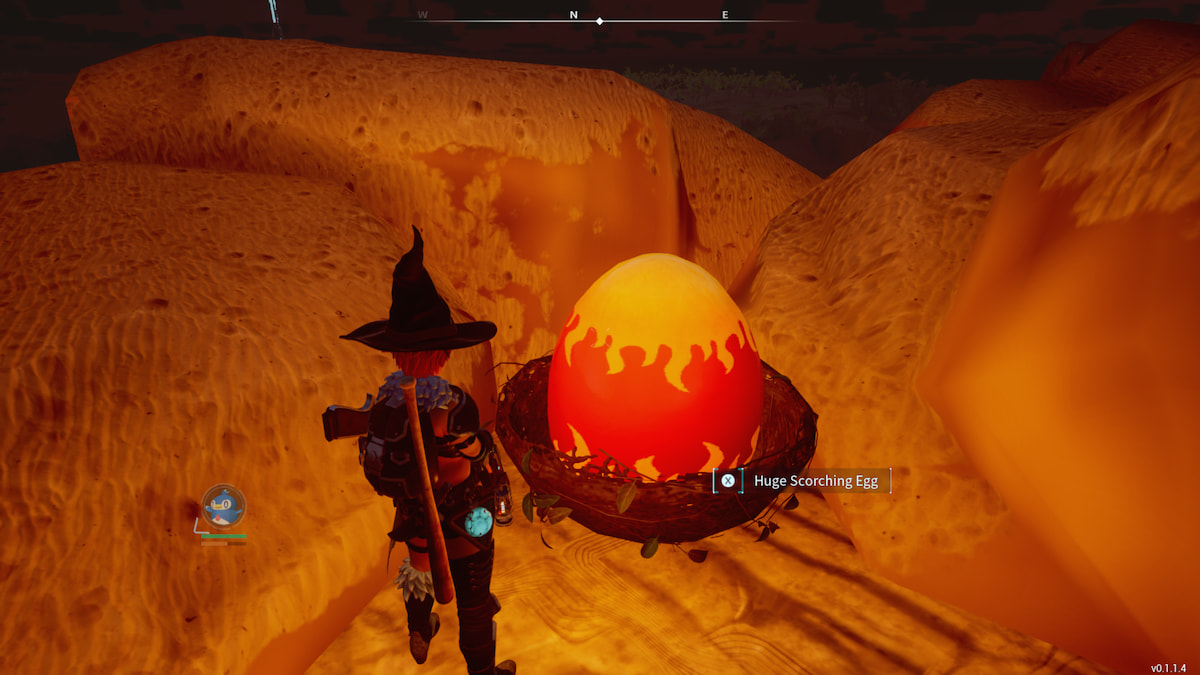 Palworld player standing next to a Huge Scorching Egg.