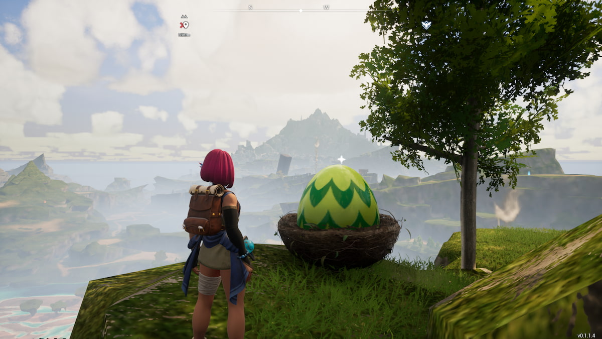 Palworld character standing next to a Huge Verdant Egg near a tree.