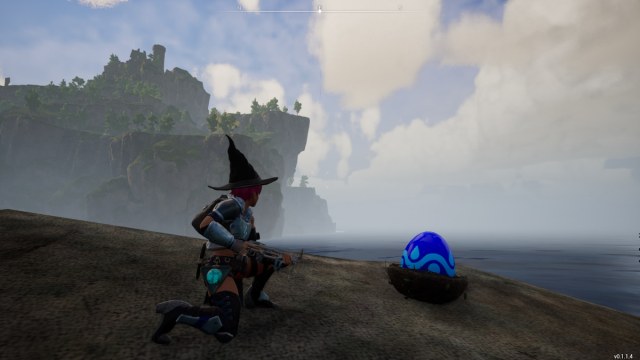 A Palworld character crouching next to a blue Damp Egg.