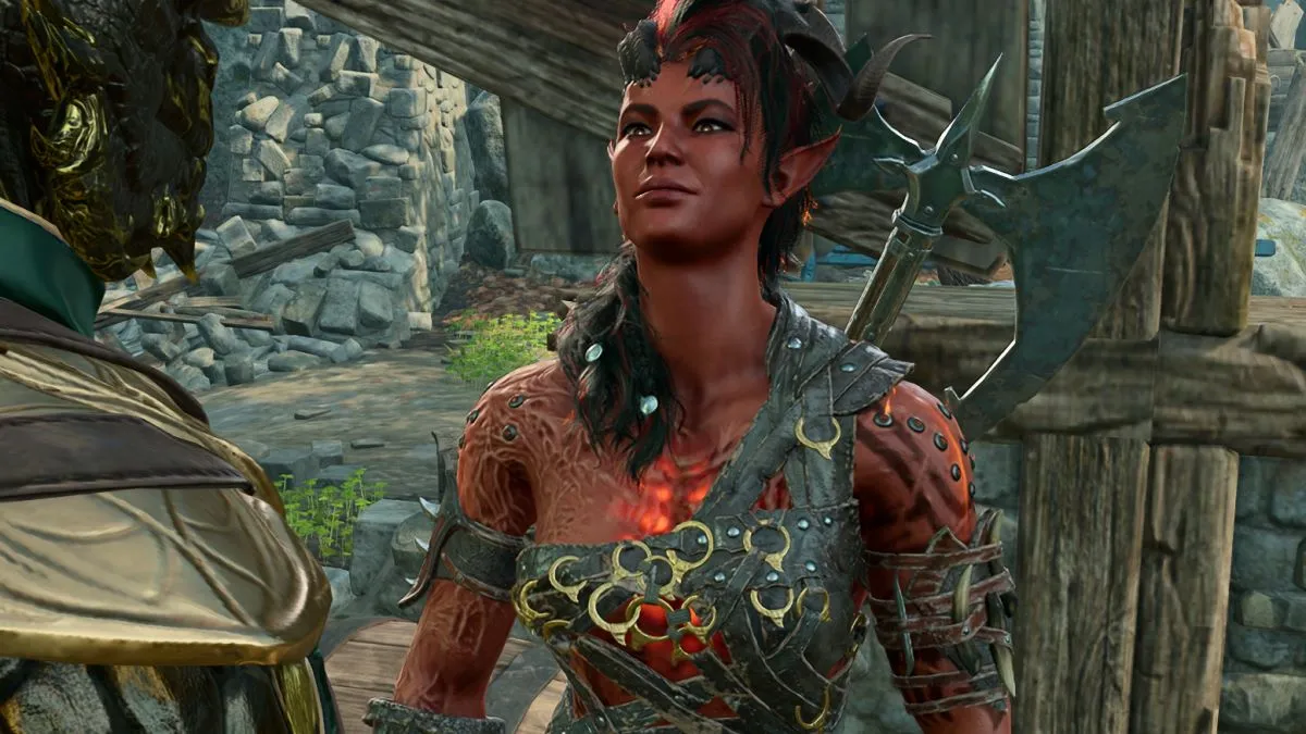 a red-skinned horned female warrior with an axe on her back