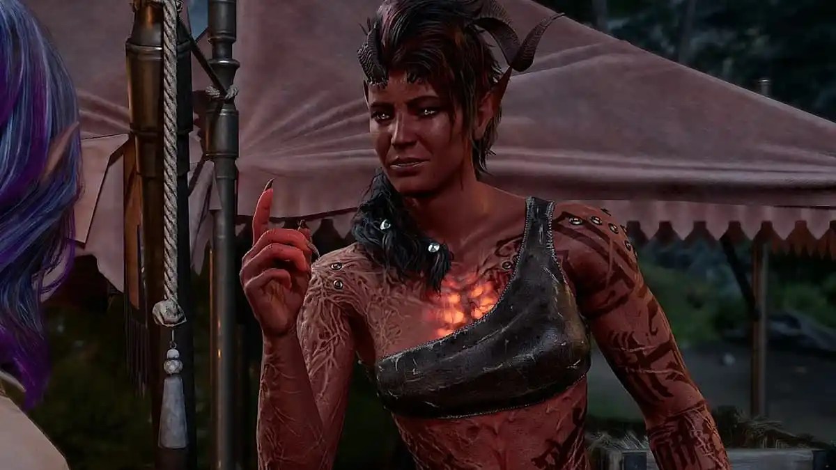 a red-skinned horned female warrior pointing gleefully