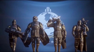 Helldivers standing in full gear on the blue background