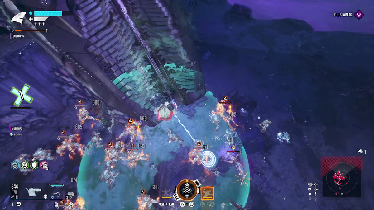 a massive humanoid shark with a minigun plummeting to the ground to smash a bunch of enemies