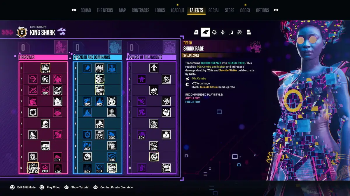 a holographic lady in psychedelic colors standing next to a skill tree