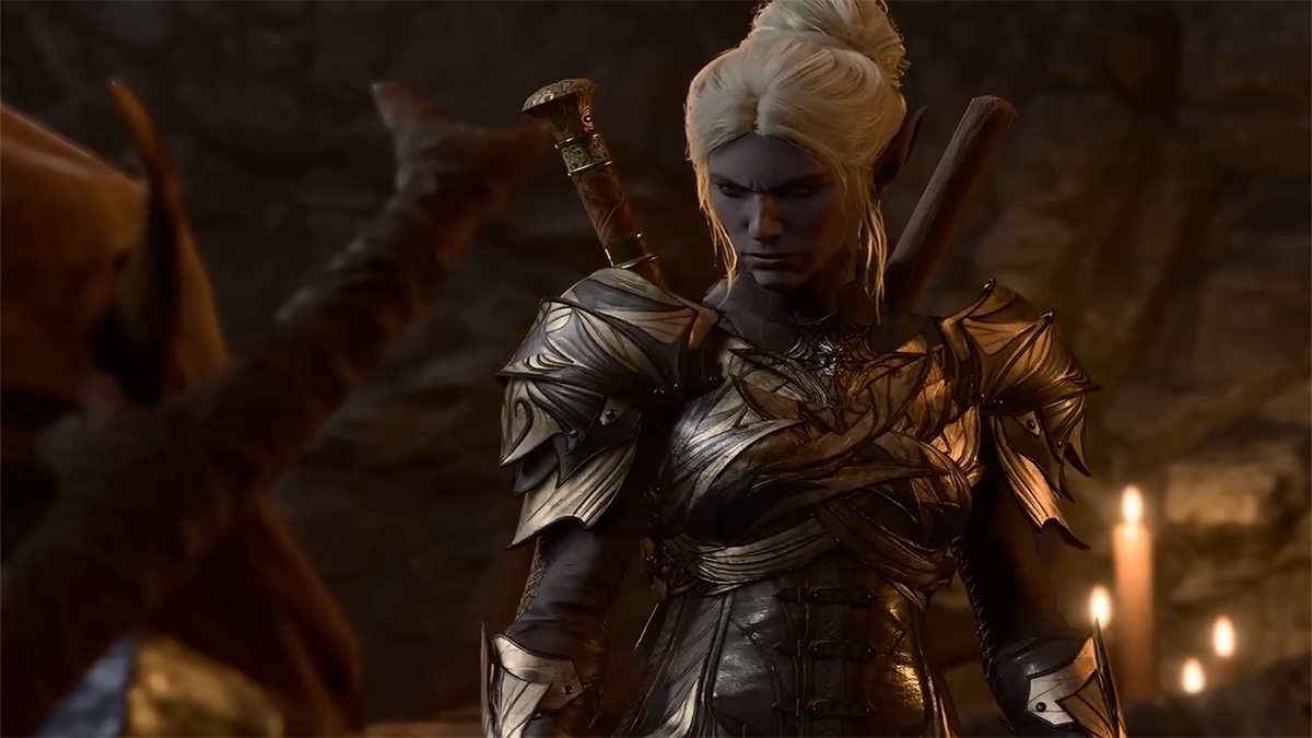 violet skin female dark elf warrior in armor