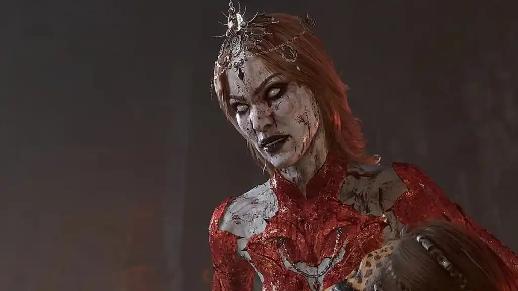 an undead humanoid female with pale skin eyes and red fleshy bits as clothes