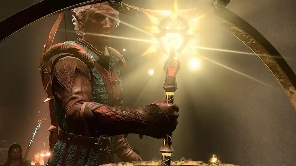 a man in leather armor and white hair wields a glowing mace.