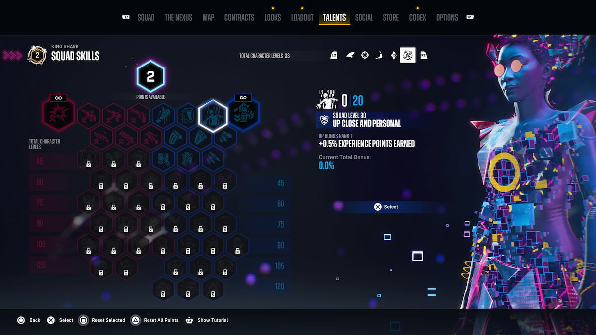 a holographic woman in psychedelic colors stands next to a skill tree