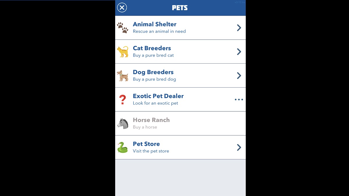 Pet buying options in Bitlife