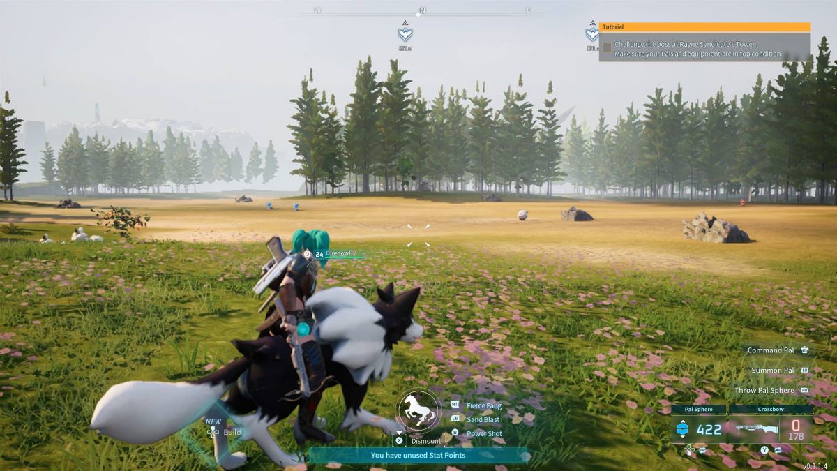 Player and Direhowl look out over a plot of land with evergreen trees in Palworld