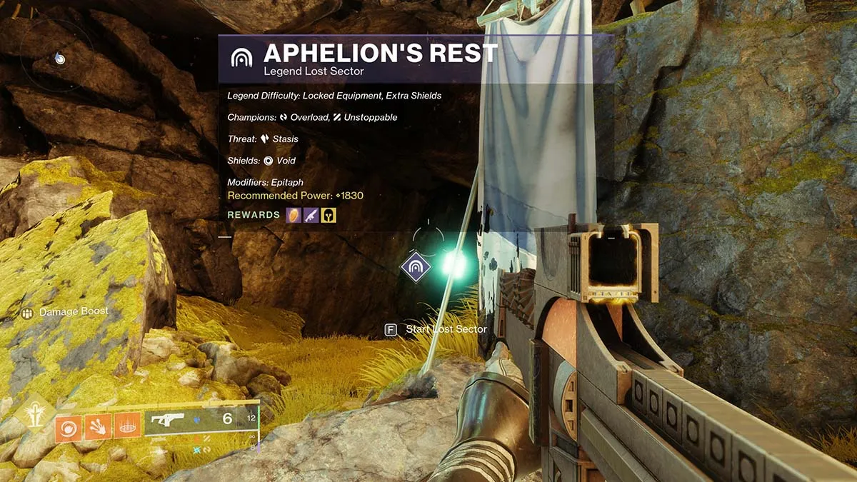 The launch screen for the Aphelion's Rest Legend Lost Sector in the Dreaming City
