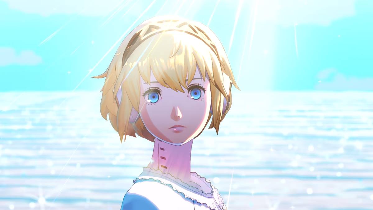 Aigis turning to look at the player in a cutscene in Persona 3 Reload