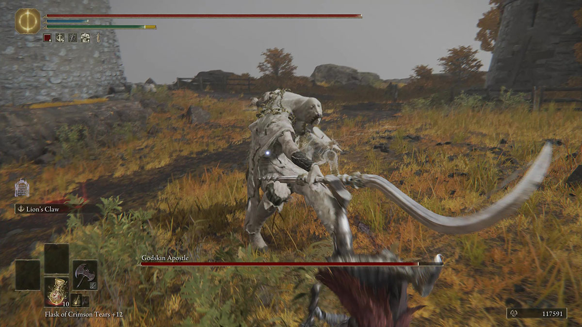 An attack in the first phase of the fight with Godskin Apostle in Elden Ring
