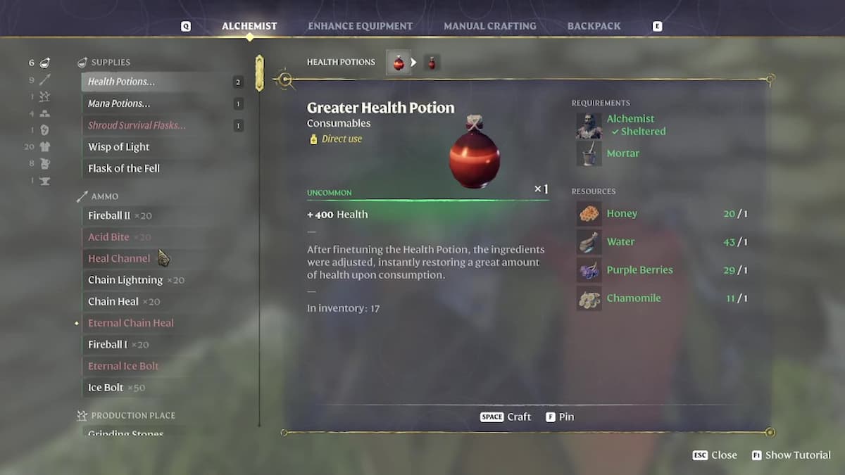 Greater Health Potion recipe.