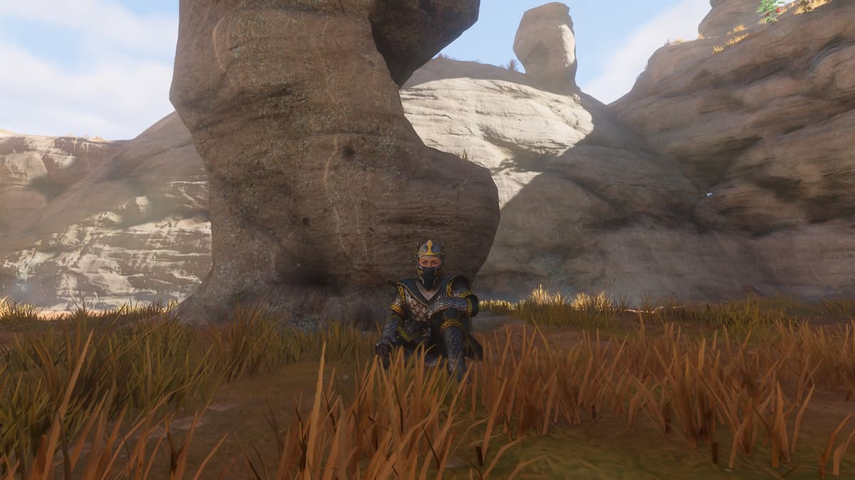 Character sitting in front of Limestone column in Nomad Highlands.