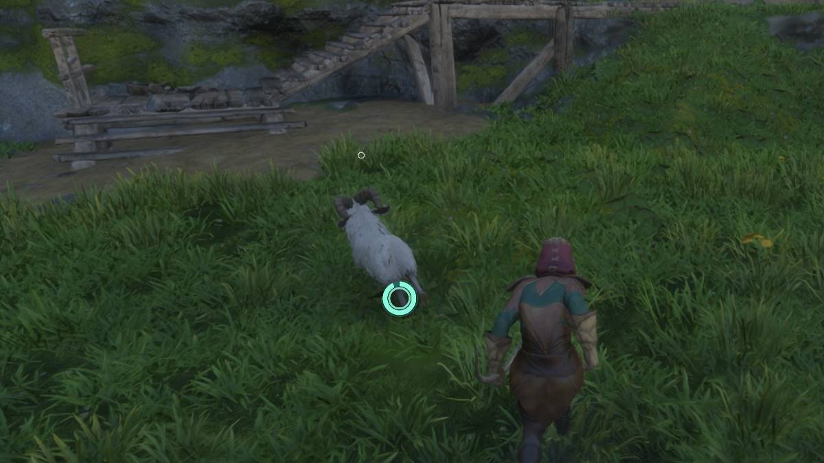 The player hunting a goat in Enshrouded