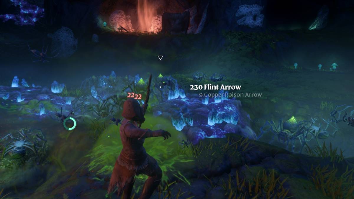 The player attacking bugs with a bow in a cave in Enshrouded