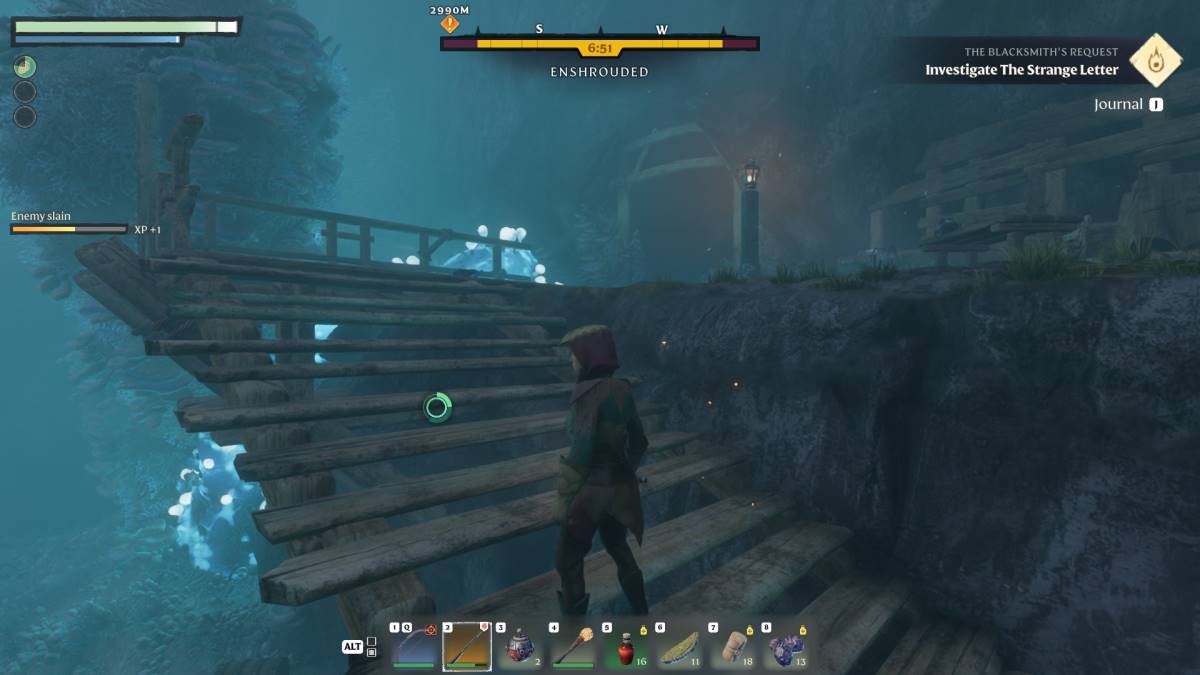 The player heading up the stairs to the Egerton Salt Mine in Enshrouded