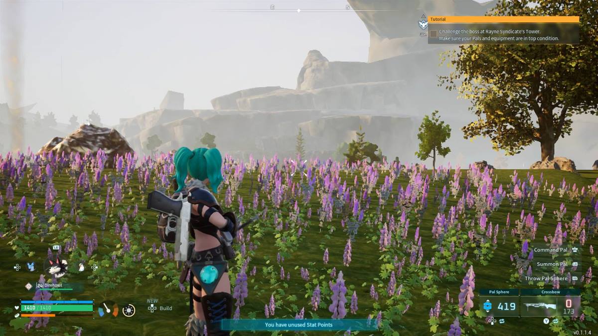 Player moves through a field of purple flowers in Palworld