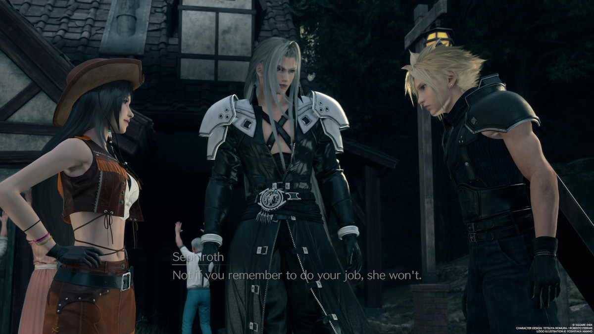 Cloud and Tifa arguing in front of Sephiroth
