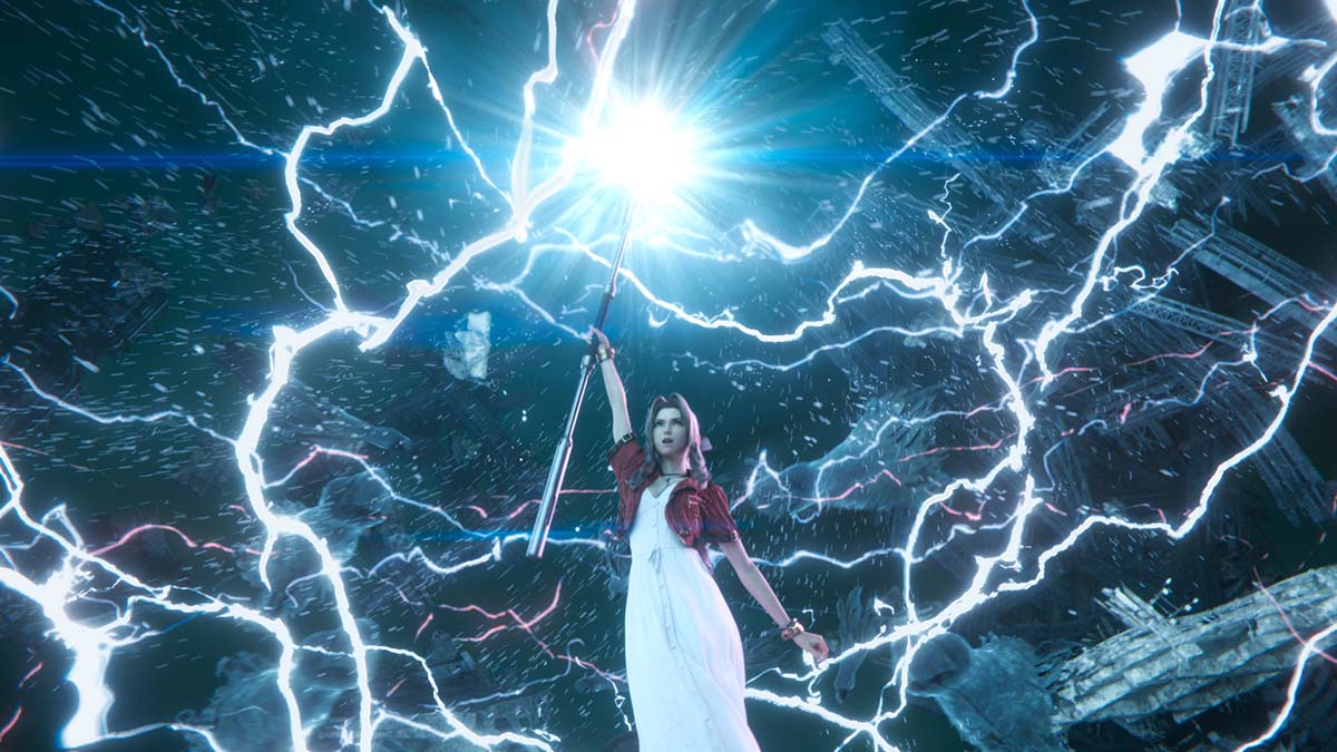Aerith casting a lightning spell in Final Fantasy VII: Rebirth