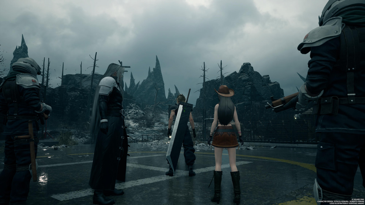 Tifa, Cloud, Sephiroth, and soldiers standing on Mt. Nibel