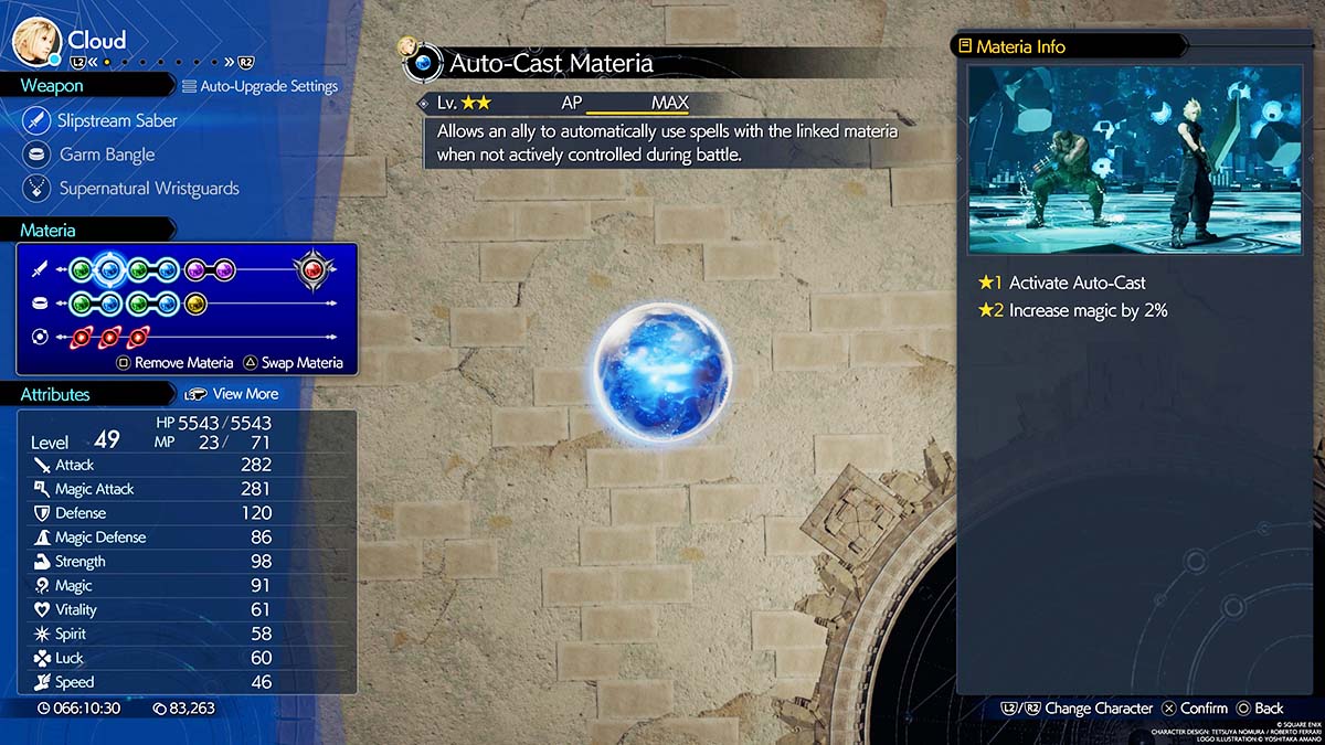 A materia combination menu in Final Fantasy 7 Rebirth