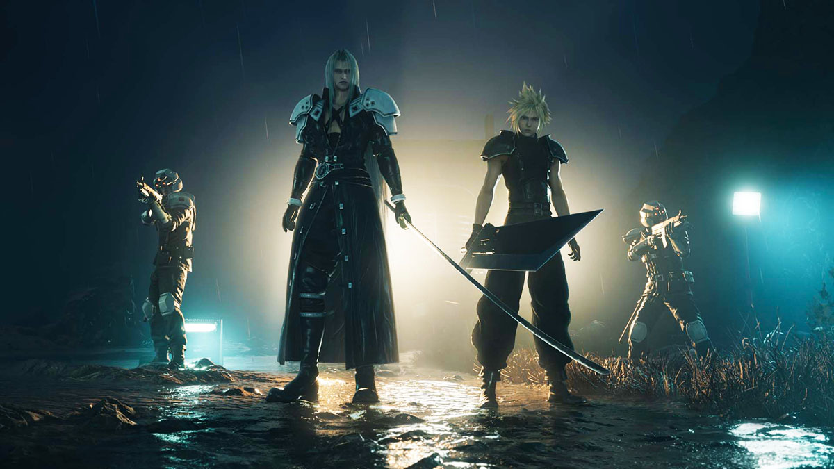 Cloud, Sephiroth, and two Shinra Troopers stare down a monster in Final Fantasy VII Rebirth