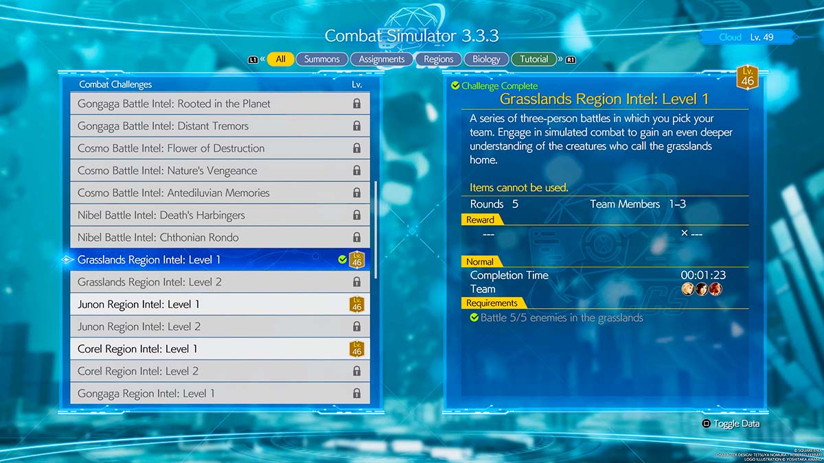 The Combat Simulator challenge screen in Final Fantasy VII Rebirth