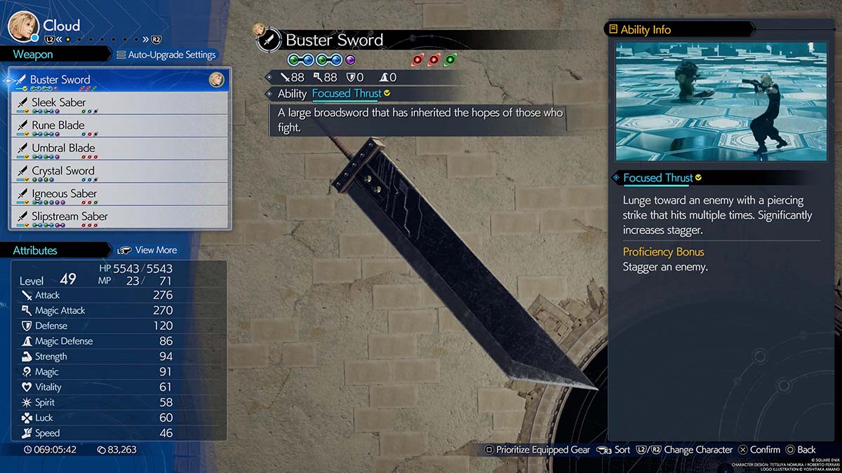 A weapon menu screen in Final Fantasy 7 Rebirth
