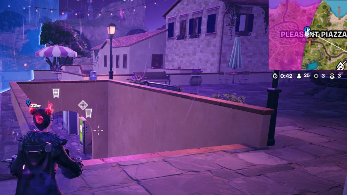 Fortnite character standing by the pleasant piazza tmnt vending machine outside of the storm.