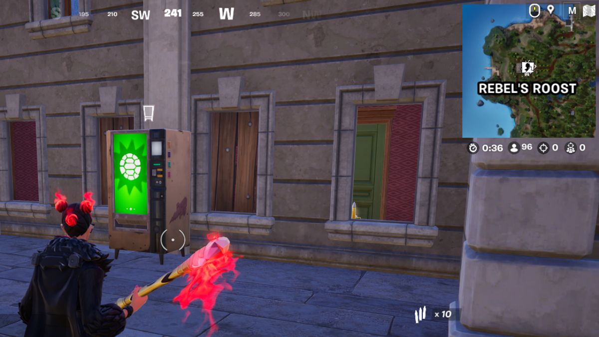 Fortnite rebels roost TMNT vending machine location outside of a building.