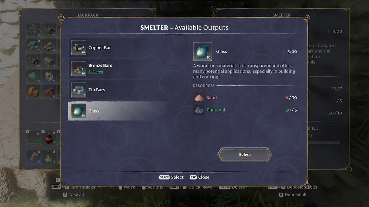 Glass crafting recipe at the Smelter. 