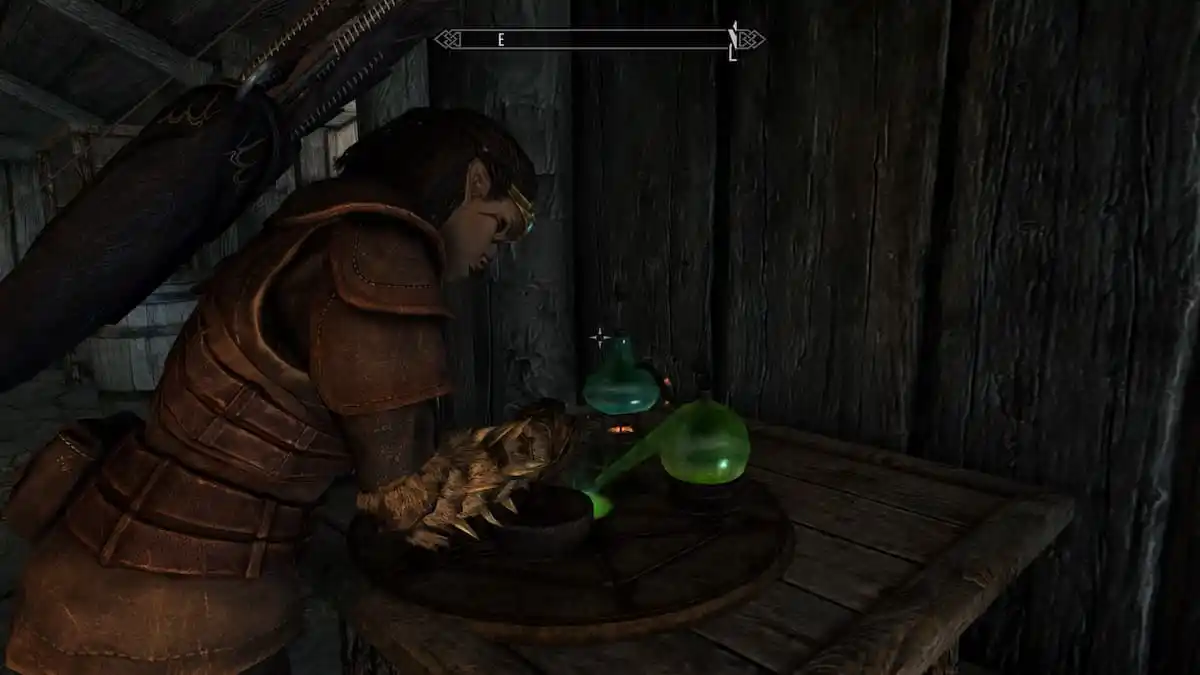a female warrior in armor brewing potions over a stone alchemy table