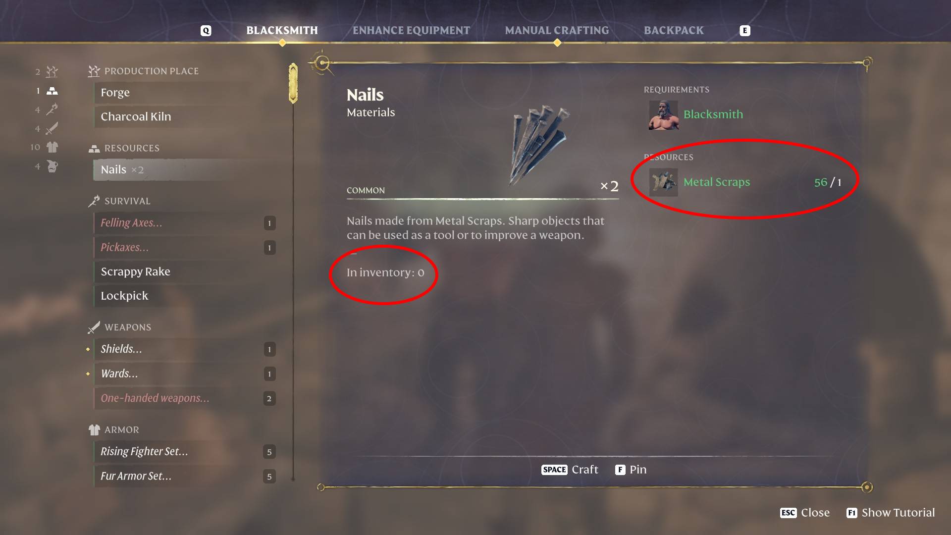 The Blacksmith crafting menu with a Magic Chest at base in Enshrouded