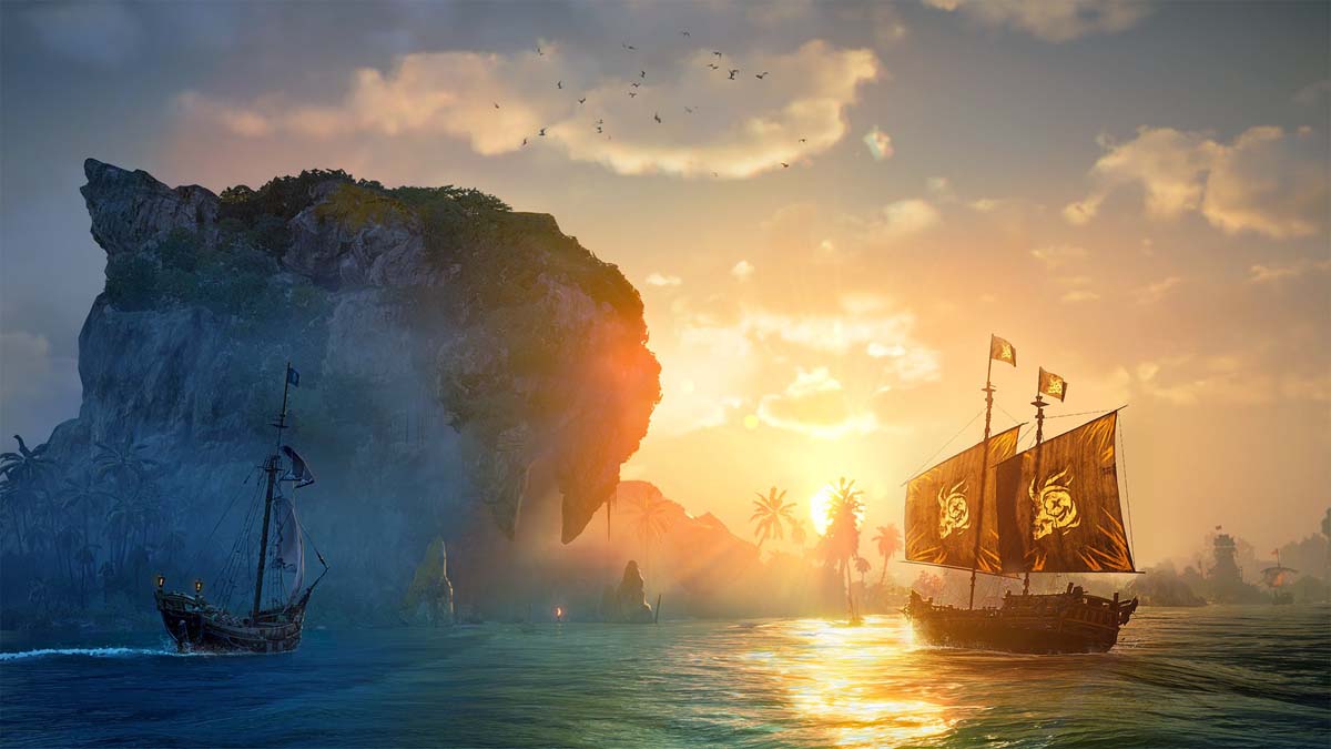 Ships sailing in the sunset in Skull and Bones.