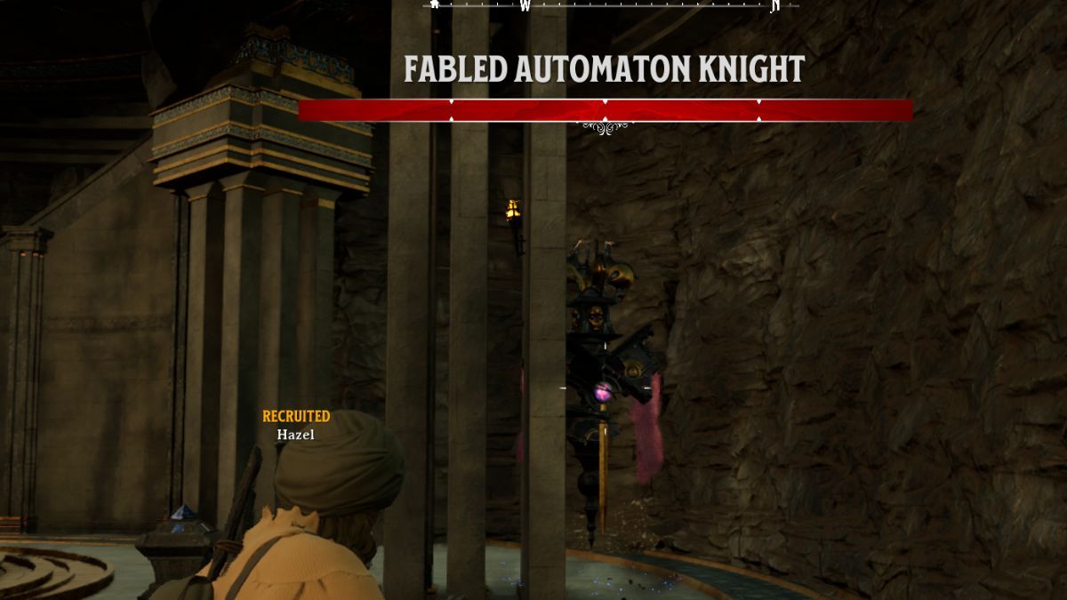 Fabled Knight Automaton boss fight with character in Nightingale.